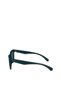 Lunettes de soleil Calvin Klein Jeans bleu sarcelle foncé avec montures rectangulaires et fines décorations dorées sur les branches.