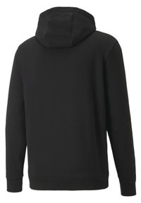 Fekete kapucnis pulóver laza szabással, puha anyagból. Hosszú ujjaival és bordázott mandzsettákkal, valamint alsó szegéllyel rendelkezik. Nincsenek látható logók vagy díszítések.