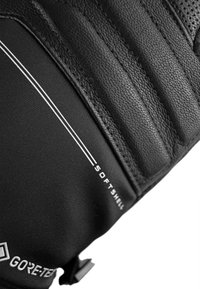 Schwarze Handschuhe mit einem Softshell-Design, Lederakzenten, strukturierten Oberflächen und einem weißen Streifen mit dem Text "SOFTSHELL" und "GORE-TEX."