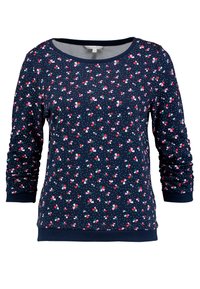 Sudadera marina con estampado floral en tonos rosa y verde, de mangas largas, cuello redondo, puños y dobladillo acanalados, fabricada en una suave tela elástica.
