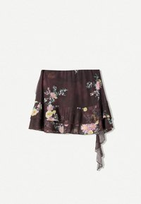 Jupe mini florale en tissu transparent foncé avec un ourlet à volants et un détail à nouer. Présente des motifs floraux roses et jaunes sur l'ensemble.