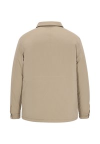 Beige jas met een kraag, lange mouwen en drukknopen aan de manchetten. Glad gevoel, recht gesneden vorm, met subtiele stiksels.