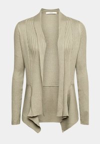 Cardigan ouvert en tricot côtelé beige clair avec manches longues et ourlet légèrement évasé, présenté sur un fond uni.