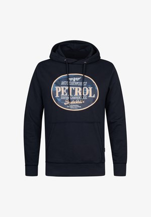 Laivastonsininen huppari pehmeästä kankaasta, jossa edessä tasku, säädettävä kiristysnauhalla varustettu huppu ja "PETROL"-tekstillä varustettu grafiikkaprintti.