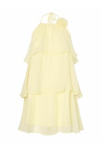 Abito a strati con scollo all'americana in chiffon giallo chiaro, caratterizzato da livelli arricciati e un accentuato fiore sulla spalla. Tessuto morbido e design fluido.