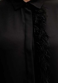 Blusa nera con colletto classico, chiusura con bottoni e un dettaglio decorativo di piuma nera sulla parte anteriore. Tessuto dalla texture liscia.