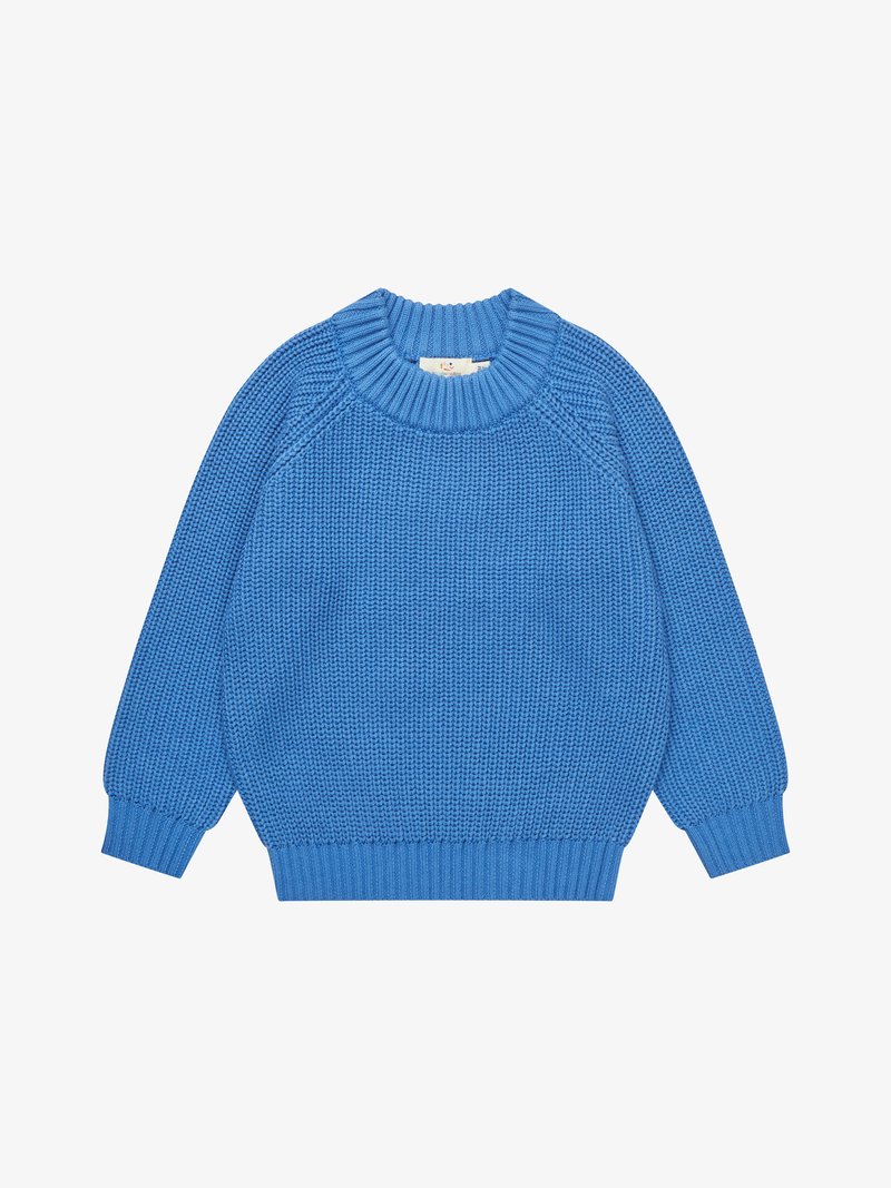 Blauer Strickpullover mit geripptem Rundhalsausschnitt, Bündchen und Saum, flach liegend vor weißem Hintergrund dargestellt.
