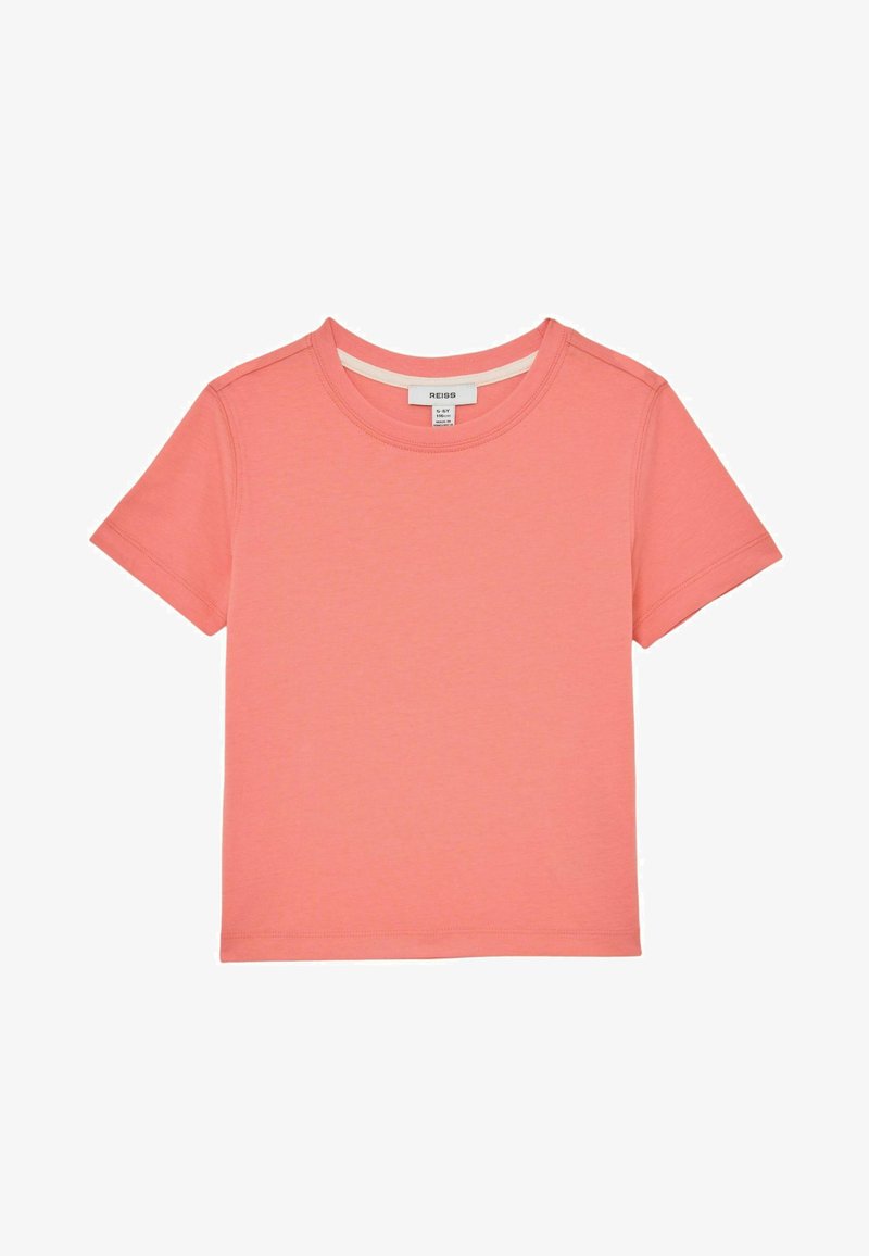 T-shirt corail à manches courtes en coton doux, avec un col rond et un ourlet droit, sans motifs ni ornements visibles.