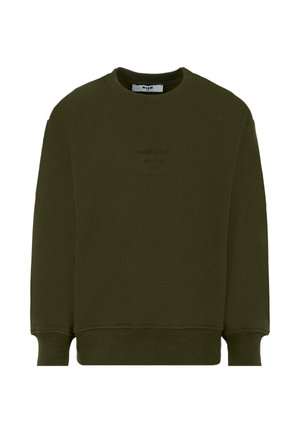 Felpa verde oliva in cotone, con collo tondo e polsini a coste. Include testo stampato discreto sul davanti.