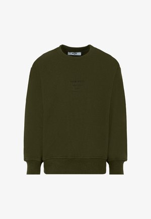 Felpa verde oliva in cotone, con collo tondo e polsini a coste. Include testo stampato discreto sul davanti.