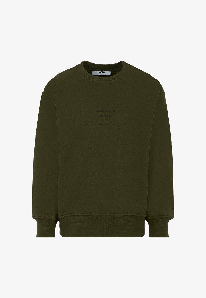 Felpa verde oliva in cotone, con collo tondo e polsini a coste. Include testo stampato discreto sul davanti.