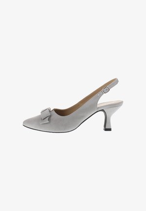 Light gray suede slingback pump with a medium kitten heel and a decorative bow on the pointed toe.