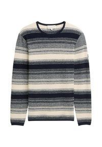 Gehaakte trui in crème, marineblauw en grijs met horizontale strepen. Ronde hals, lange mouwen en een textuurstof met verschillende steekpatronen.