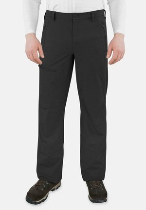 Schwarze Outdoor-Hosen mit geradem Schnitt, ausgestattet mit Reißverschlusstaschen und Gürtelschlaufen, aus flexiblem, strapazierfähigem Stoff. Eignen sich für verschiedene Aktivitäten.