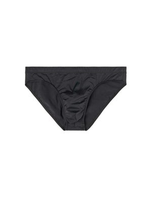Schwarze Bikini-Briefs aus glattem Stoff mit klassischem Schnitt, mit gerafftem Seitendetail und elastischem Bund. Keine sichtbaren Muster.