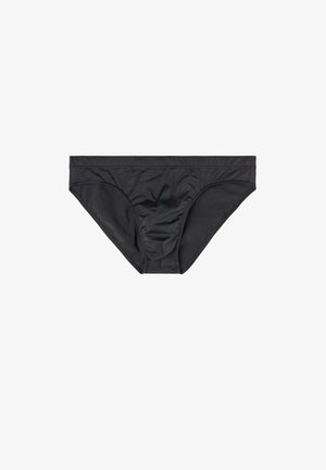Culotte de bikini noire en tissu lisse avec une coupe classique, présentant un détail froncé sur le côté et une taille élastique. Pas de motifs visibles.