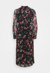 Schwarzes Midi-Kleid mit pinkem, weißen und grünen Blumenmuster, langen durchsichtigen Ärmeln, tailliertem Bund und gefälteltem Rock.