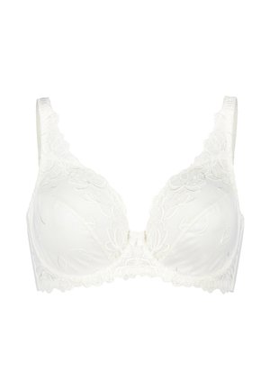 Soutien-gorge blanc en tissu doux, avec un empilement de dentelle florale, des bonnets moulés, des bretelles larges et des bords festonnés. Détail en nœud central à l'avant.