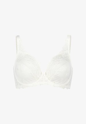 Weißer BH aus weichem Stoff mit floraler Spitzenüberlage, geformten Cups, breiten Trägern und gewelltem Rand. Zentrale Schleifendetail an der Vorderseite.