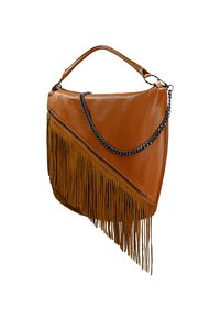 Braune Ledertasche mit diagonalen Fransen, Kettenhenkel und Reißverschluss. Verfügt über glatte und strukturiert Oberflächen. Winkeliges Design.