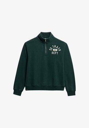 Donkergroen sweatshirt met halve ritssluiting, print op de voorzijde "SO. TRACK DEPT 86," zachte stof, geribde manchetten en onderrand.