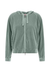 Sudadera con cremallera de canalé verde, con capucha, puños y dobladillo acanalados, que presenta una superficie texturizada y un detalle de cremallera en la parte delantera.