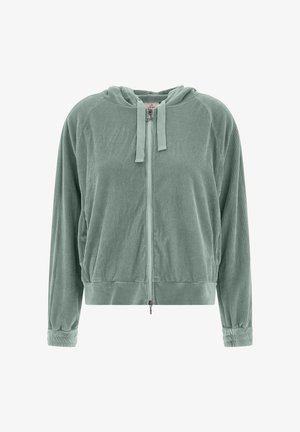 Zelená kordurová zipová mikina s kapucí, se žebrovanými manžetami a lemem, s texturovaným povrchem a detailem předního zipu.