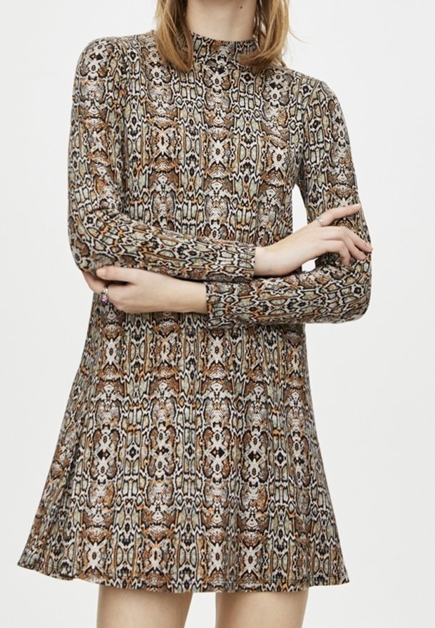 Robe à manches longues présentant un motif en serpent multicolore, un col montant et une jupe évasée, fabriquée dans un tissu lisse et extensible.