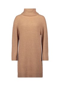 Strickkleid in Hellbeige mit hohem Kragen, langen Raglanärmeln, geripptem Textur und Seitenschlitzen für Bewegungsfreiheit.
