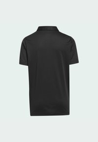 Schwarzes Poloshirt mit kurzen Ärmeln und klassischem Kragen, aus einem glatten, strukturierten Stoff und ohne sichtbare Logos oder Muster.