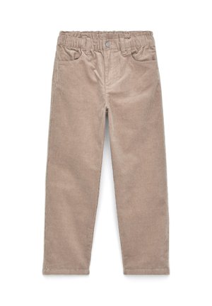 Pantaloni in velluto a coste beige con vita elasticizzata, bottone frontale e tasche, progettati per bambini.