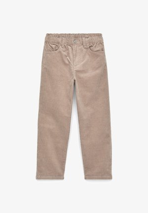 Pantalon en velours côtelé beige avec taille élastique, bouton devant et poches, conçu pour les enfants.