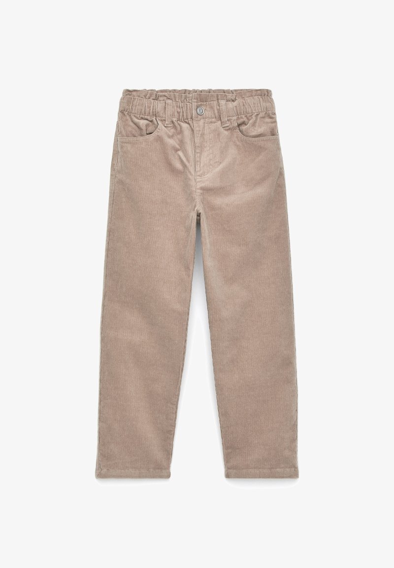 Pantalon en velours côtelé beige avec taille élastique, bouton devant et poches, conçu pour les enfants.
