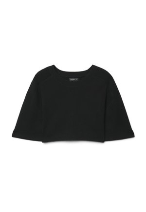 Black cropped sweater with wide sleeves and a round neckline, laid flat on a white background.