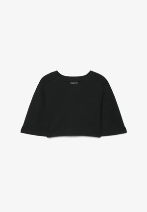 Black cropped sweater with wide sleeves and a round neckline, laid flat on a white background.