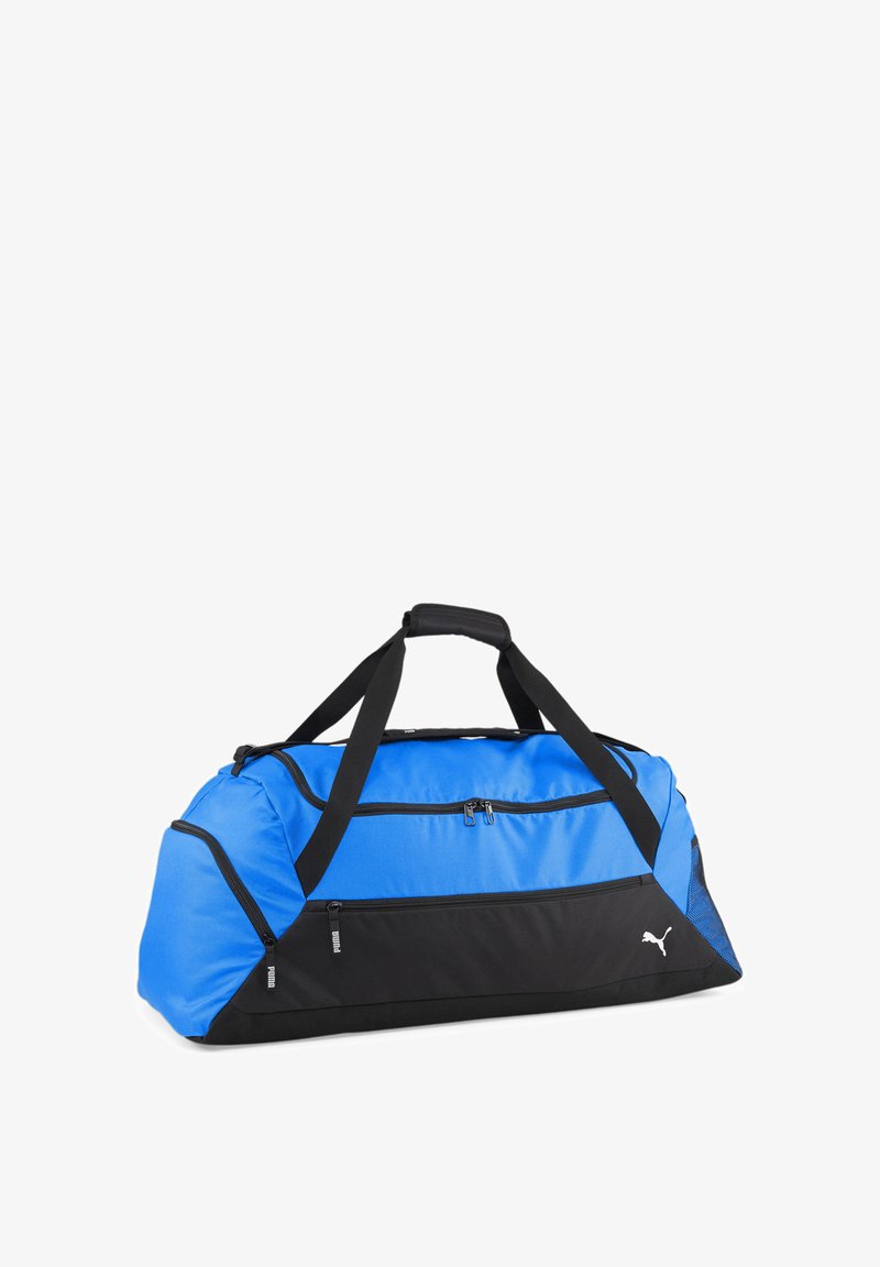 Borsa da palestra Puma blu e nera con diversi scomparti con zip e manici neri per il trasporto.