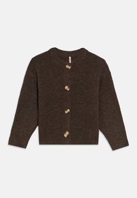 Brown knitted cardigan with a ribbed texture, round neck, and four large, round buttons made of light-colored wood. Long sleeves included.