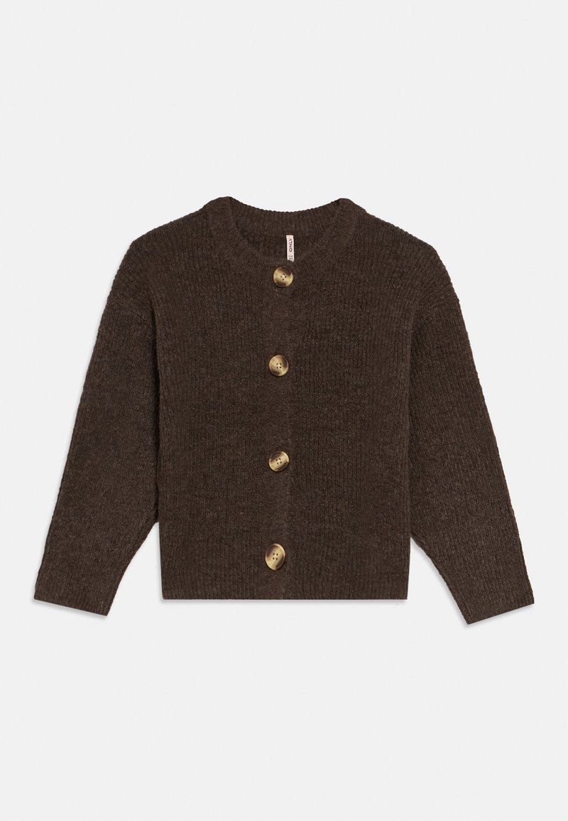Brown knitted cardigan with a ribbed texture, round neck, and four large, round buttons made of light-colored wood. Long sleeves included.