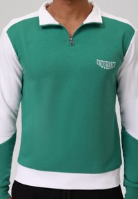 Sudadera con cremallera verde y blanca con cuello. Presenta un pequeño logotipo "ENDURANCE" en blanco, paneles de color contrastante y tejido texturizado.