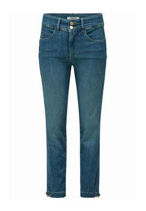 Pantalones vaqueros de mezclilla azul con diseño de pernera recta, cintura alta, cierre de botón y cremallera, cinco bolsillos y herrajes decorativos en el dobladillo.