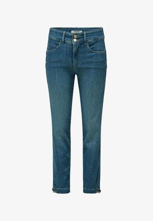 Pantalones vaqueros de mezclilla azul con diseño de pernera recta, cintura alta, cierre de botón y cremallera, cinco bolsillos y herrajes decorativos en el dobladillo.