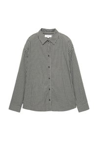 Kockovaná košeľa v čierno-bielej farbe s button-down prednou časťou, špicatým golierom a dlhými rukávmi s voľným strihom. Bavlnená látka.