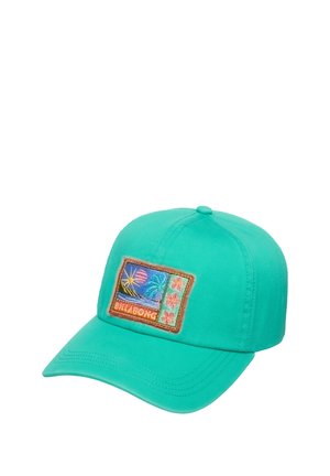 Turquoise pet met een gestructureerd ontwerp, voorzien van een geborduurd patch met palmbomen en bloemen. Gladde stof en een gebogen klep.