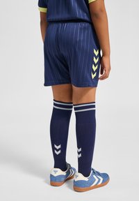 Granatowe szorty sportowe z pionowymi paskami, żółtymi akcentami, niebieskie skarpetki do kolan z białymi wzorami oraz niebieskie sneakersy z beżowymi detalami.