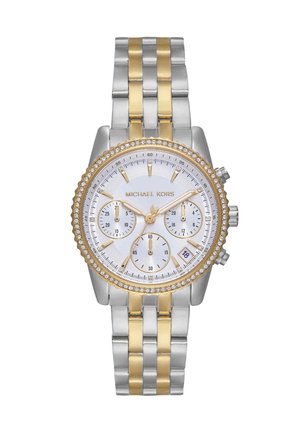 Tofarvet sølv- og guldfarvet Michael Kors armbåndsur med krystaller i bezelen, hvid urskive, tre underure og datovindue kl. 16.