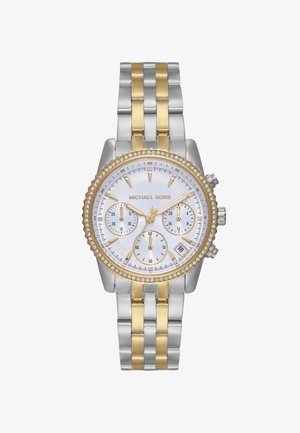 Orologio da polso Michael Kors bicolore argento e oro con ghiera decorata con cristalli, quadrante bianco, tre sottoquadranti e datario alle 4.