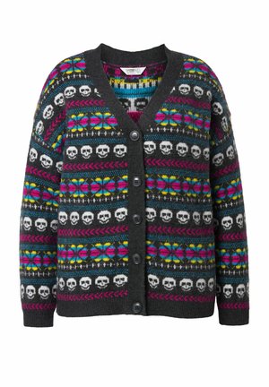 Cardigan nero con un motivo di teschi e farfalle colorato, impreziosito da dettagli in rosa, blu e giallo; dotato di chiusure a bottoni.
