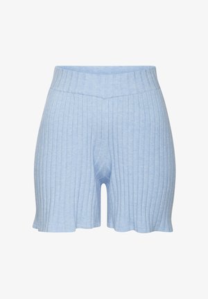 Light blue ribbed shorts with a wide elastic waistband, featuring a relaxed fit and scalloped hem. Made from a soft, textured fabric.