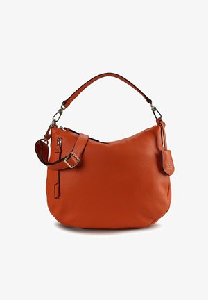 Orangene Leder-Umhängetasche mit lässigem Design, einem oberen Griff und einem abnehmbaren Riemen. Verfügt über eine Reißverschlusstasche und tonale Akzente.