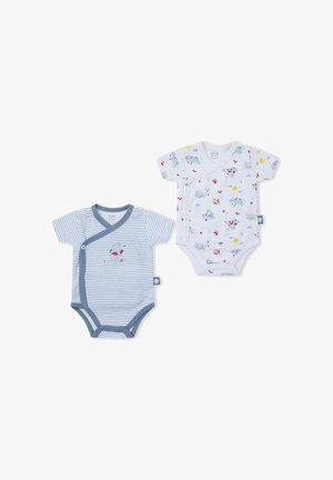 Dos bodies de bebé de manga corta, uno blanco con estampados de animales y el otro blanco con rayas azules y un gráfico de animal, ambos con cierres de broches.